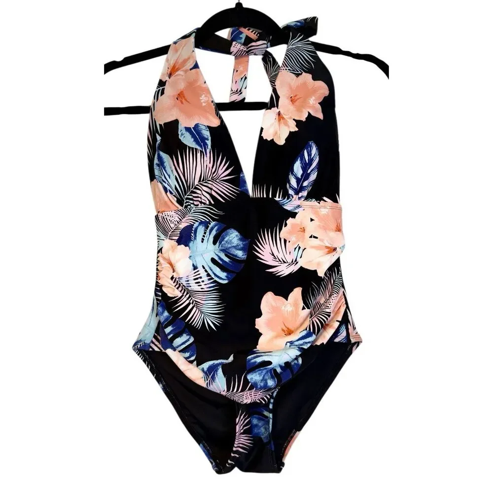 NWT DKNY Women’s Halter Neck 1 Piece Floral Swimsuit Small Cruise Tropical - Picture 1 of 9